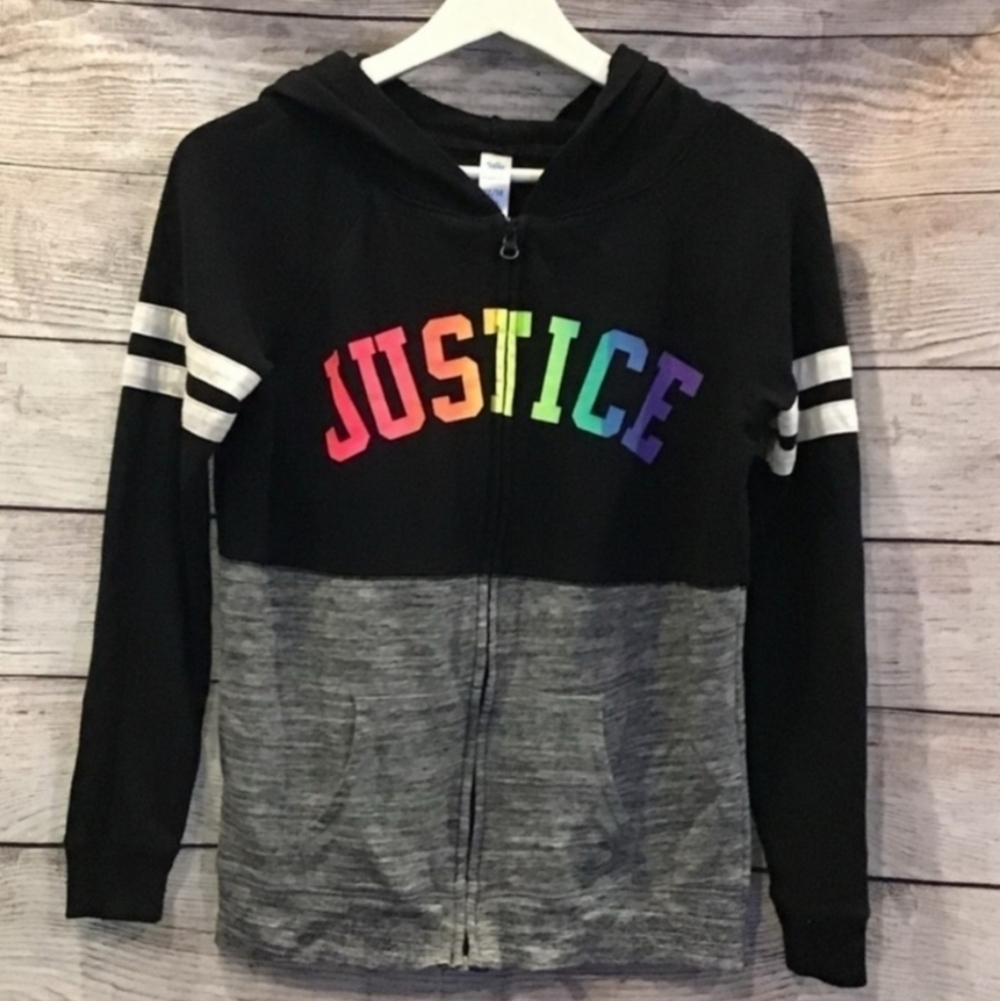 Justice Rainbow Logo Full Zip Hoodie Hooded Sweatshirt Grey Black Girl's 8/10